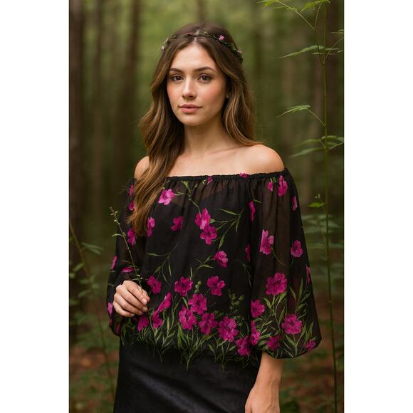 Dennis Basso Floral Cold Shoulder Blouse M Fairycore Whimsigoth Dark Romantic - Picture 1 of 8